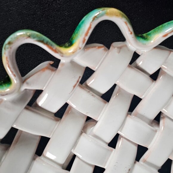 Vintage Italy Majolica Handcrafted Open Weave Ceramic Shallow Bowl Purple Floral - Picture 8 of 12